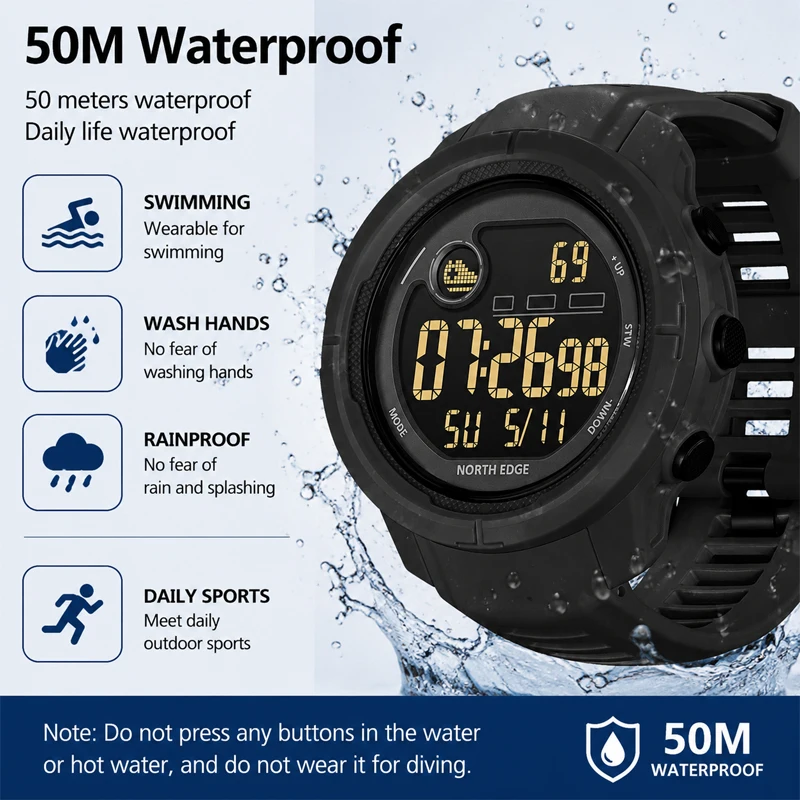 NORTH EDGE NEW MARS 5 Men's Digital Watch Outdoor Military Sports LED Watches Waterproof 50M HR & SpO₂ Smartwatch For Men Women