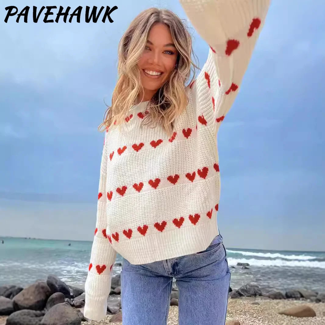 Women O Neck Heart Print Sweaters Loose Long Sleeve Patchwork Knitted Sweater Sweet Autumn Winter Pullover Knitwear Streetwear