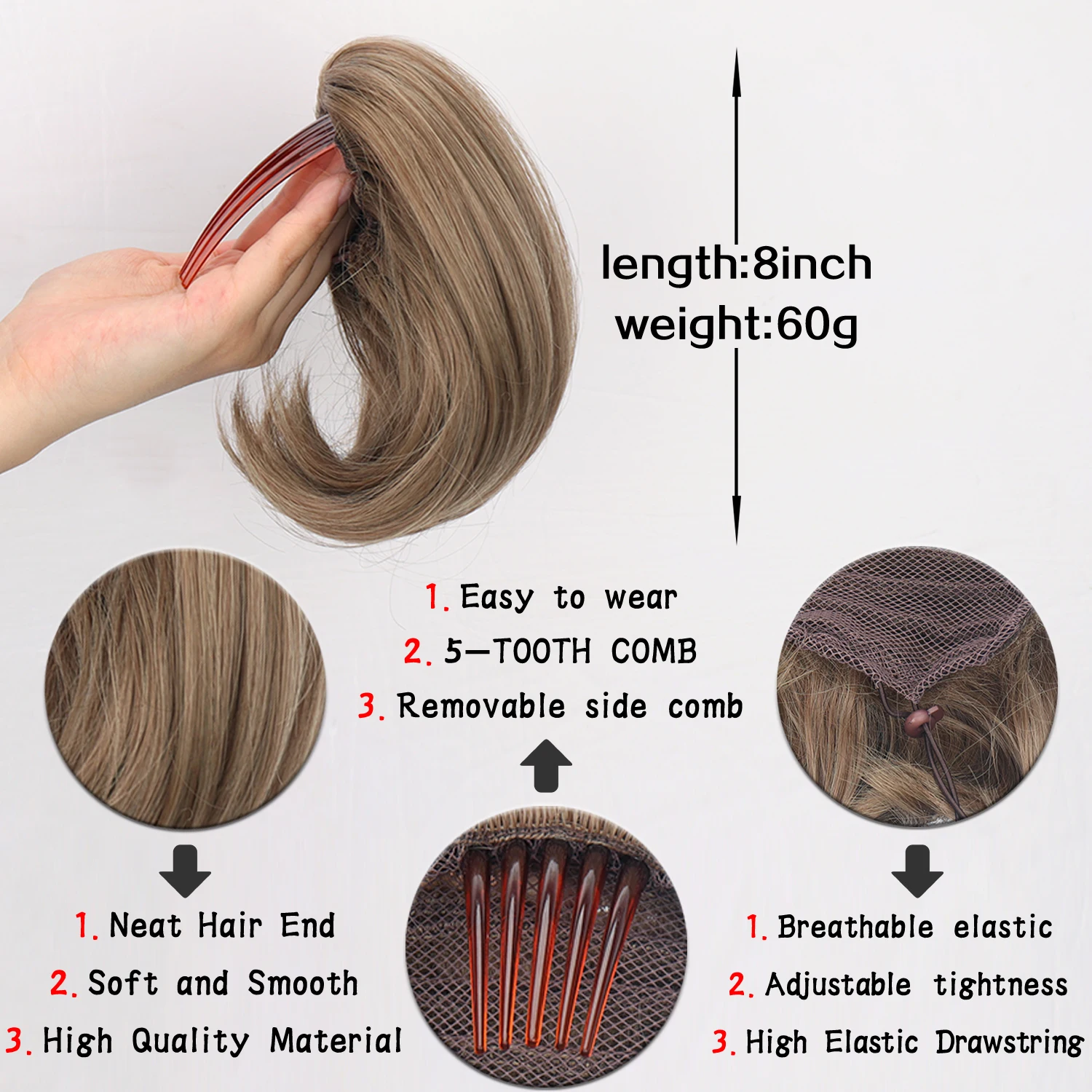 Coleta corta sintética con clip de peine, accesorios para el cabello con cordón elástico, adecuado para uso de mujer