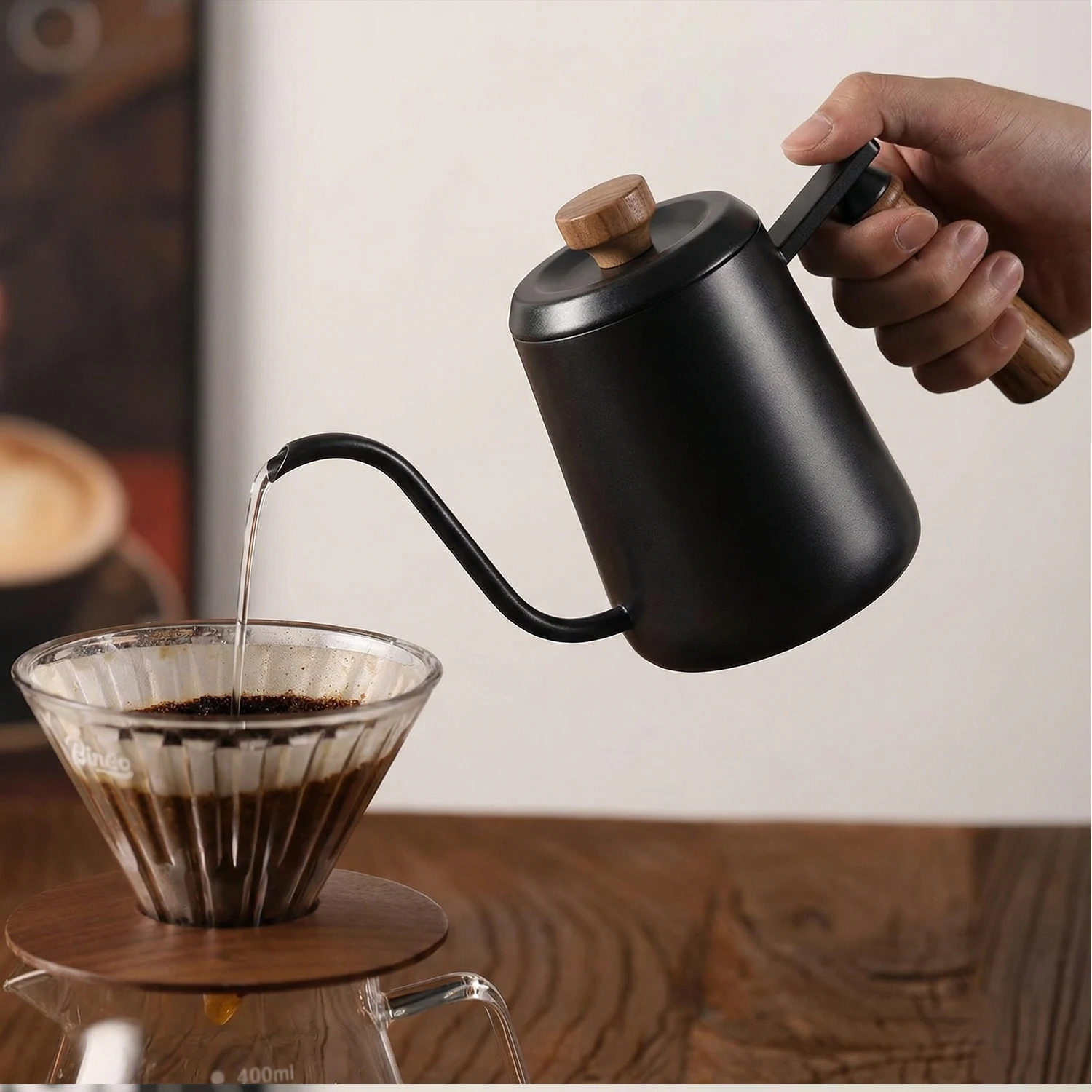 350/600ml Stainless Steel Drip Coffee Pot  Nonstick Gooseneck Drip Coffee Pot Wooden Handle Coffee Pot with Thermometer