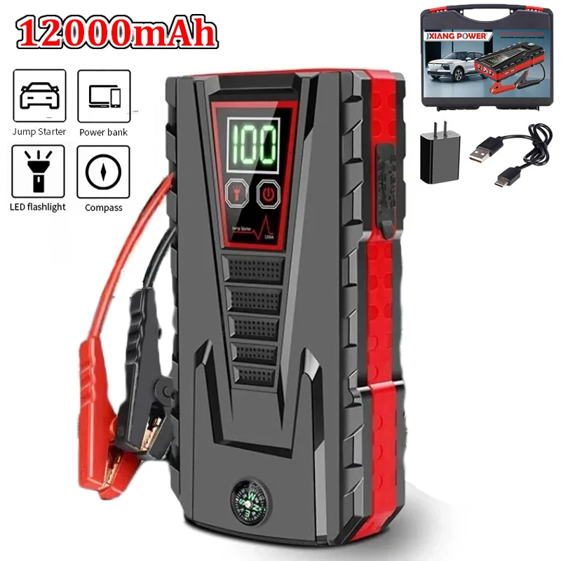 12000mAh Tragbarer Auto-Starthilfe-Booster mit 5000A Spitzenstrom, Powerbank-Ladegerät, 12V Auto-Startgerät für Benzin- und Dieselfahrzeuge, Notfallbatterie