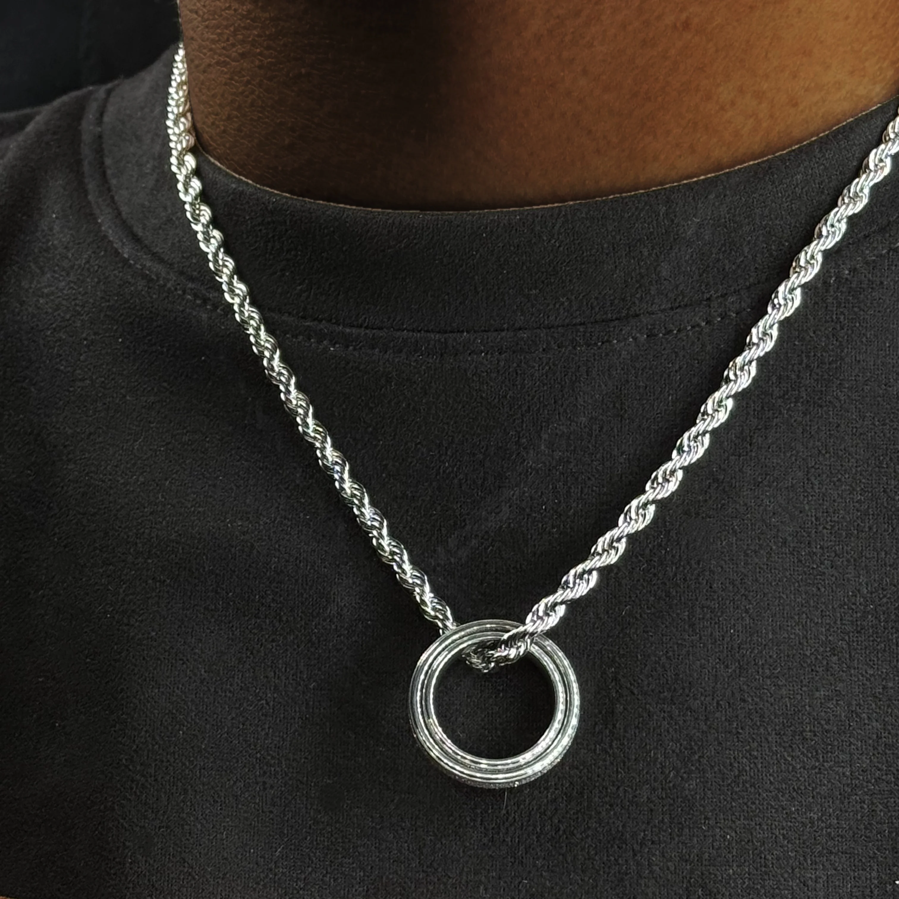 سلسلة ملتوية + مجموعة حلقات مزدوجة، للجنسين - مجموعة قلادات سلسلة كوبية هدية مجوهرات بسيطة مقاس 20 بوصة