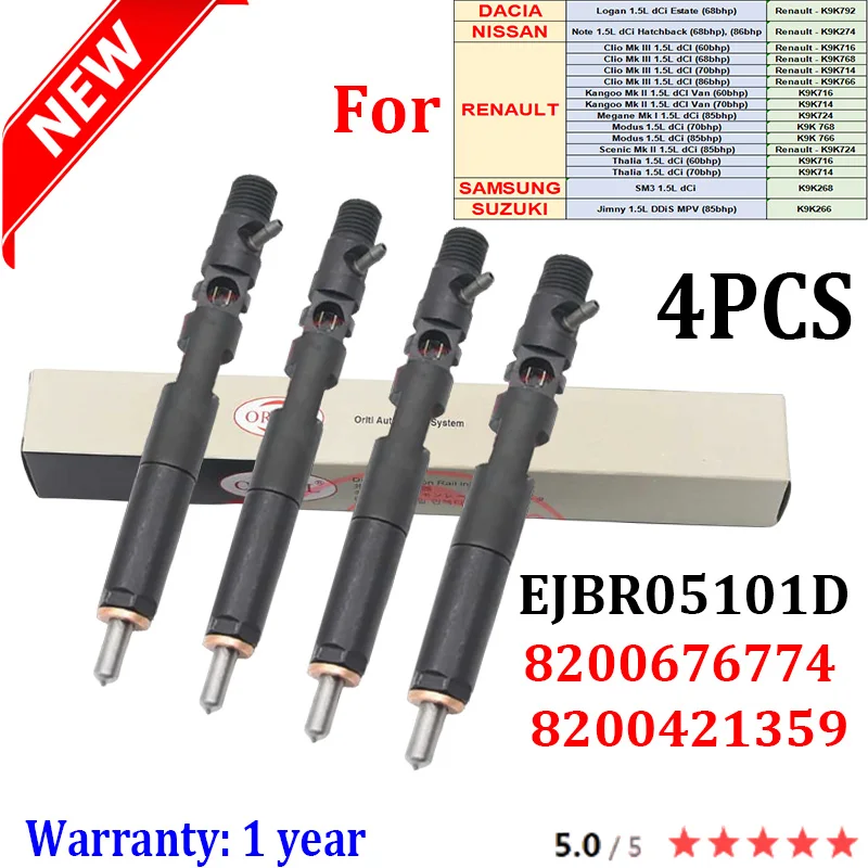 4PCS EJBR05101D 8200676774 8200421359 For RENAULT DACIA CLIO NISSAN SAMSUNG Euro 4 Diesel Engine Fuel Injector