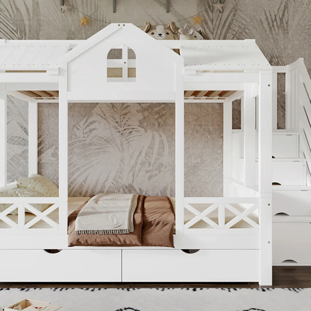 Stapelbed, kinderbed, twee laden met wielen, mooie ramen en dak, trapkast met 4 opbergvakken, grenen + MDF