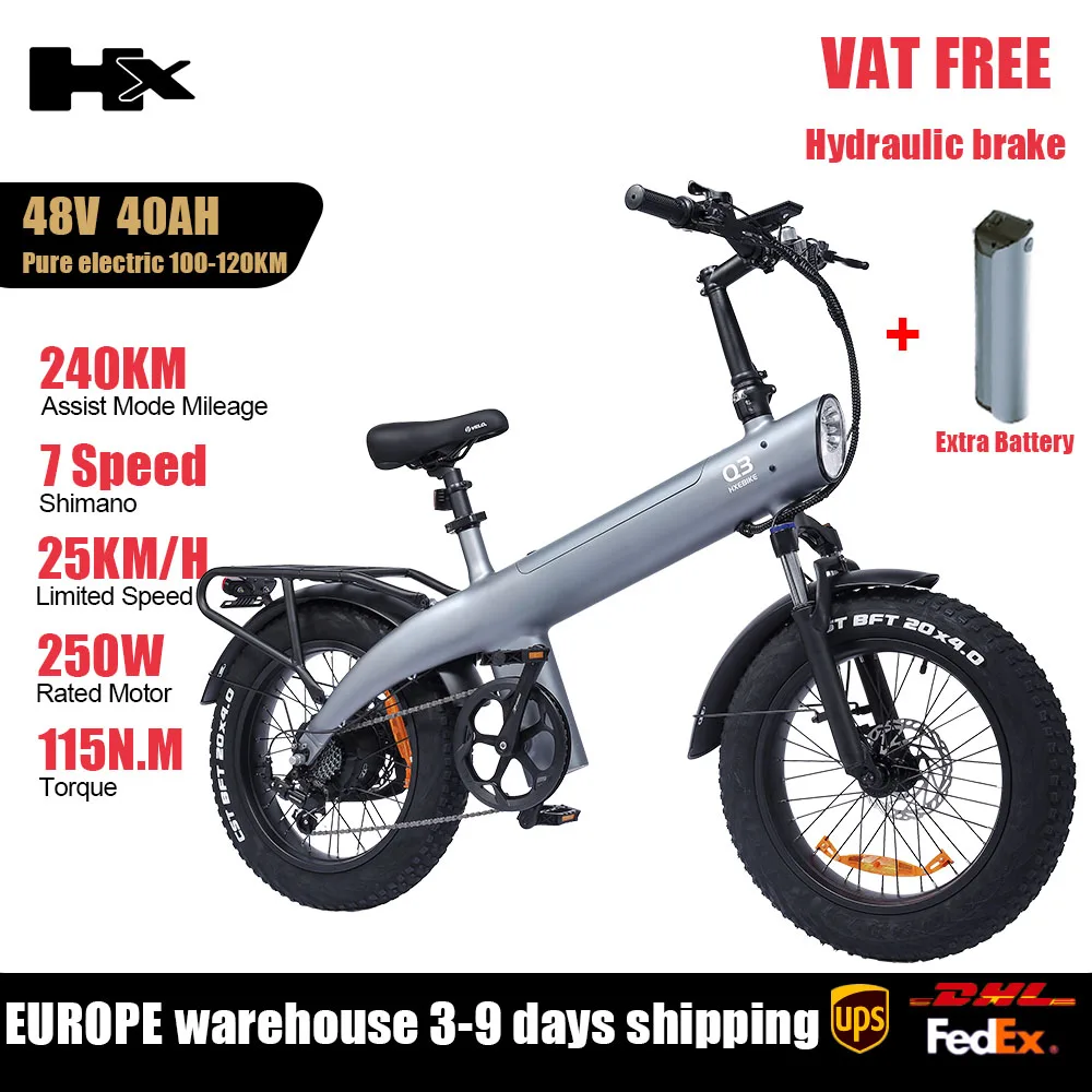 HX Q3 250W elektrische fiets voor volwassenen, 25 km/u beperkt, 48V 20Ah uitneembare accu, 20×4.0 dikke banden, vracht-e-bike, 115Nm hoog koppel, hydraulische schijfremmen, 7 versnellingen