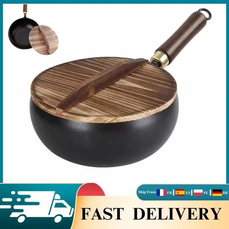 Image of Traditionelle handgeschmiedete Eisenpfanne, verdickter tiefer Bratpfannen-Wok, unbeschichtetes Natur-Eisen-Kochgeschirr mit Holzgriff, Wärmespeicherung für Stir-Fry und Küchengebrauch