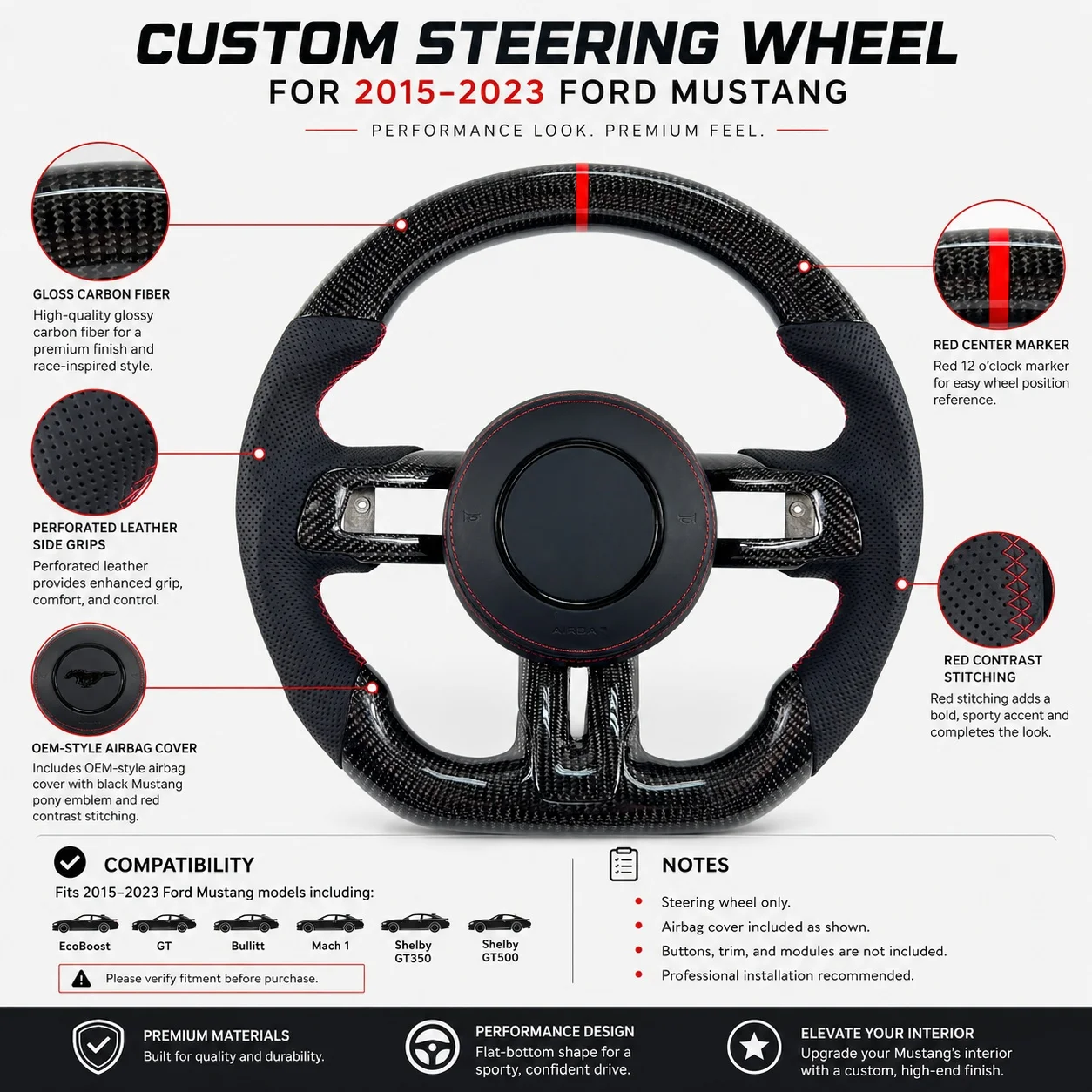 For Ford Mustang GT V6 EcoBoost Shelby GT350 GT500 2015-2023 Red Stitch Carbon Fiber Perforated Leather Steering Wheel
