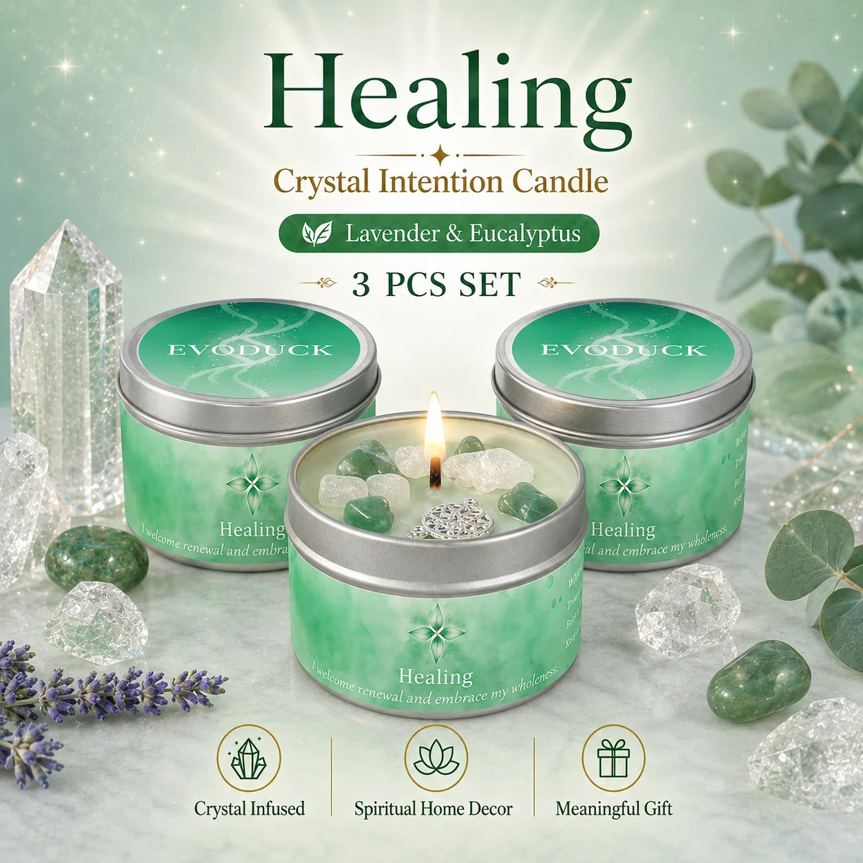 Crystal Candle Set of 3, Lavender Eucalyptus Scented Candles in Tin with Stones, Intention Manifestation Candle, Gift for Women