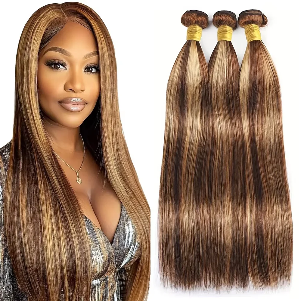 Ciuffi di capelli umani naturali, lisci, con mèches bionde e castane, per donne, extension di capelli umani colorati P4/27