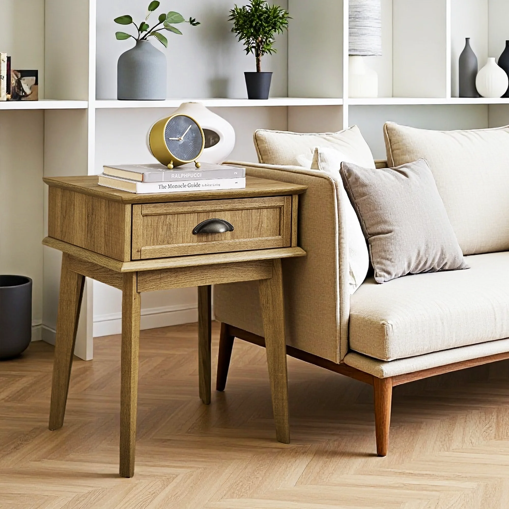 Tall End Side Table with USB Charging Station, Nightstand with Storage Drawer, Sofa Side Table for Living Room Bedroom, Modern Contemporary Style, Easy Assembly