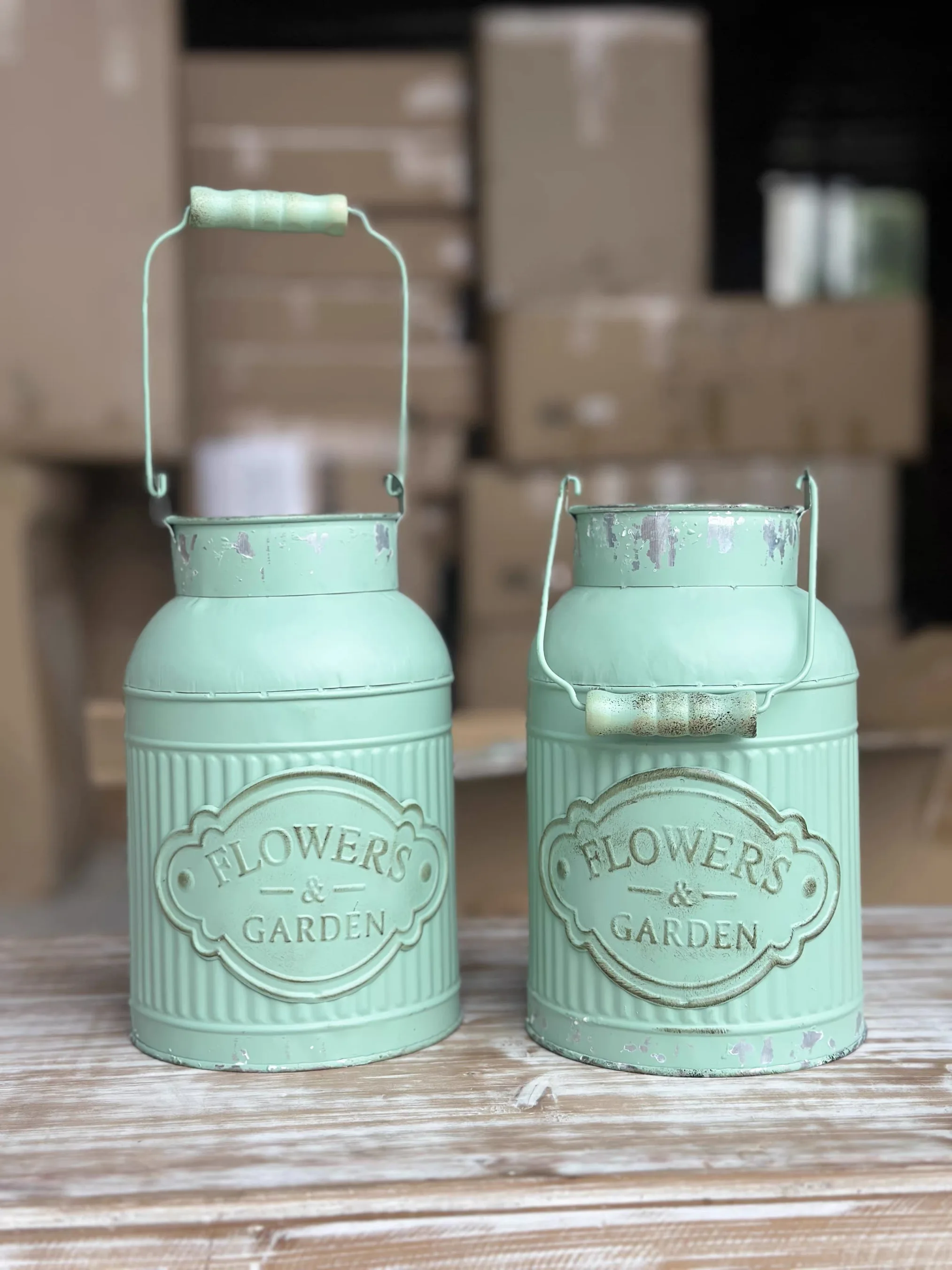 Vintage French Country Milk Can Vase Set of 2, Mint Green Rustic Metal Flower Bucket Planter, Shabby Chic Farmhouse Decor