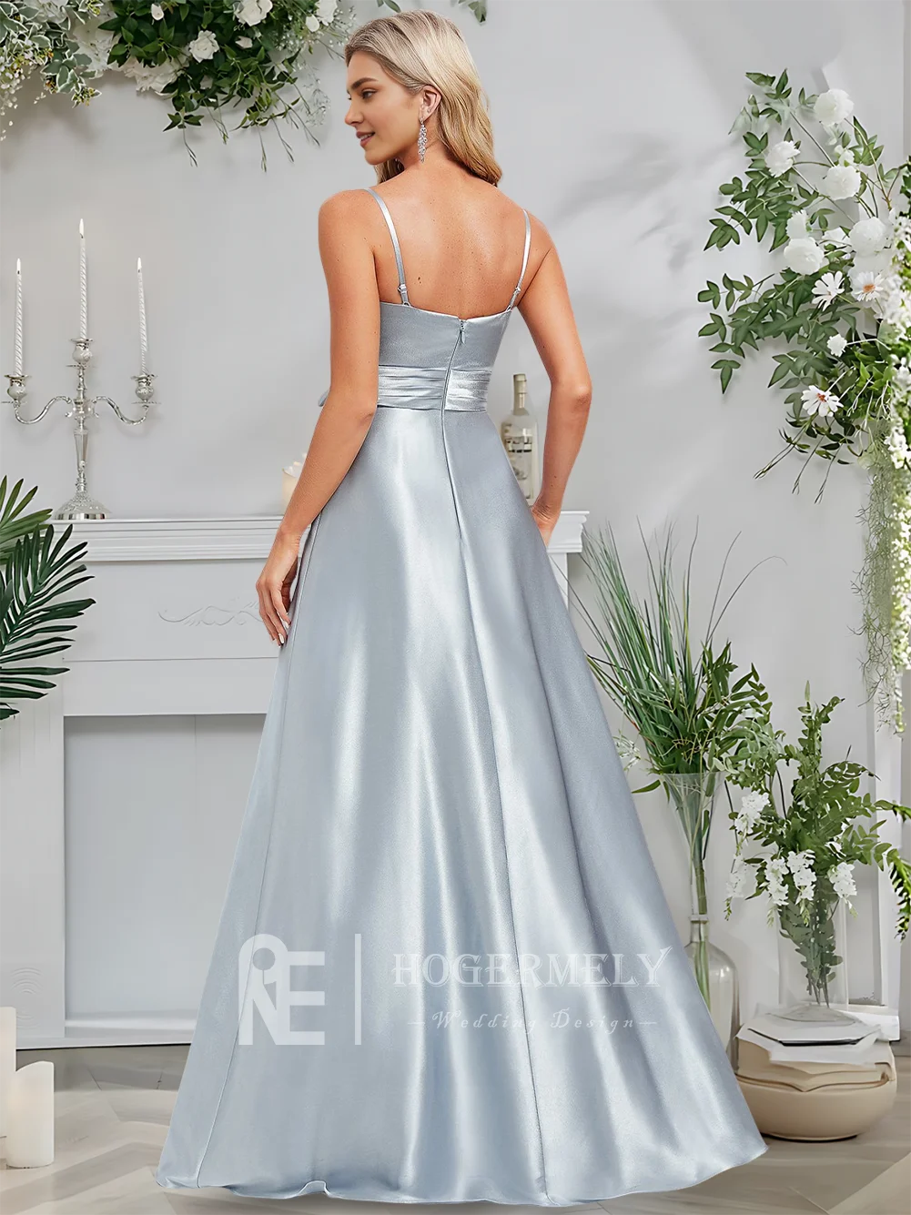 GDH Ice Blue A-Line V-Neck Floor-Length Stretch Satin Bridesmaid Dresses With Sash Spaghetti Straps Wedding Guest Cocktail