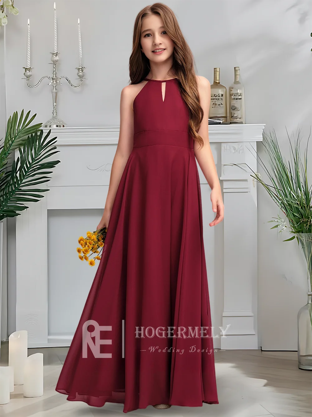 Платье подружки невесты с лямкой на шее, платье русалки с цветочным узором для девочек, шифон длиной до пола, с каскадным бантом, складки, свадебная вечеринка