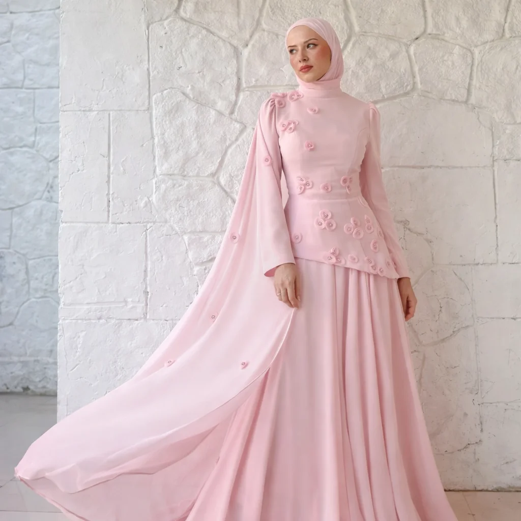 Galarity Pink Luxury Prom Dress 3D Flower Pleated Draped Muslim Saudi Evening Dress Formal Occasion Gown Party Dress Customizd