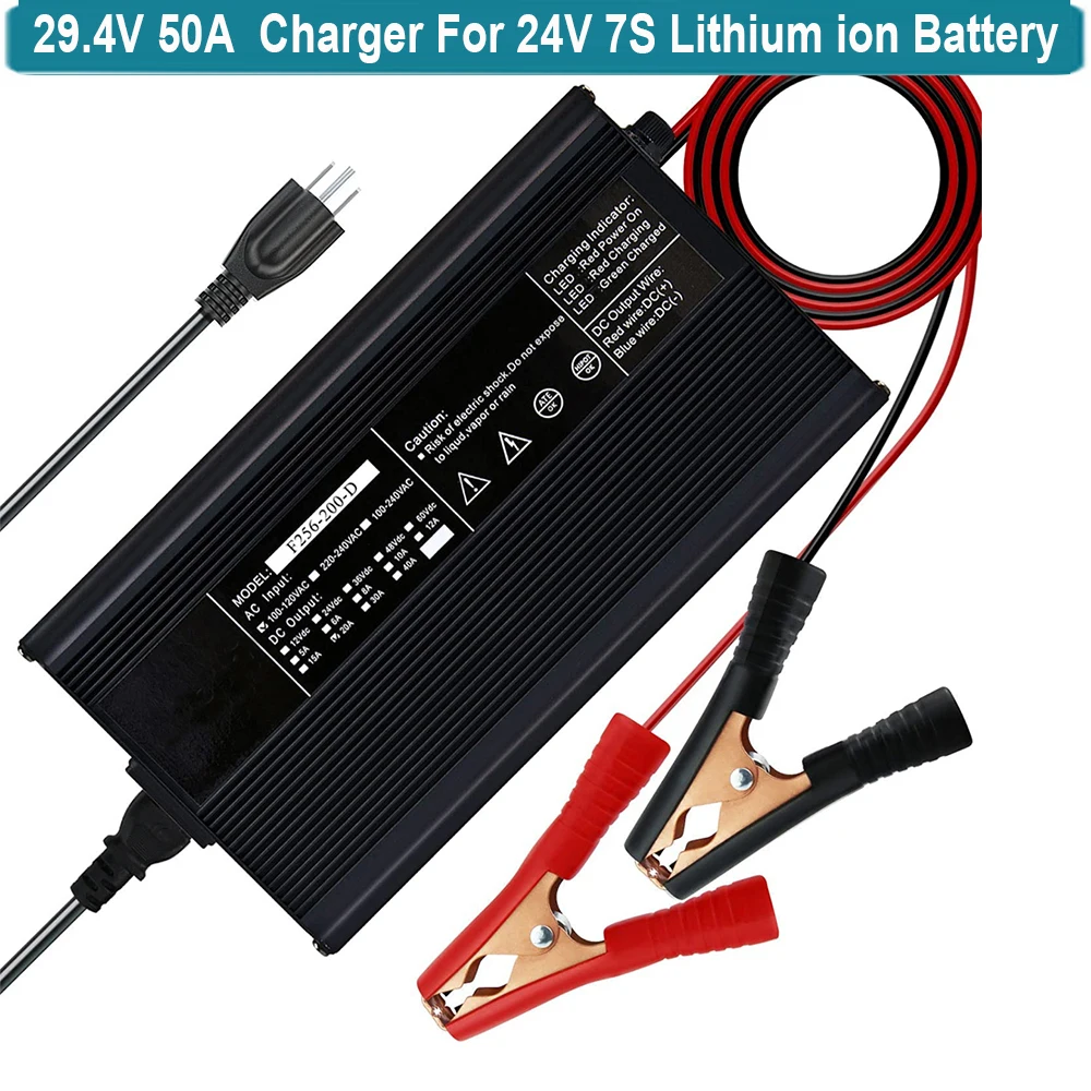 29.4V 50A Li-ion Battery Charger Silver Aluminum Case Fully Automatic for 7S 24V Lithium Battery Pack with XT60 Male Plug