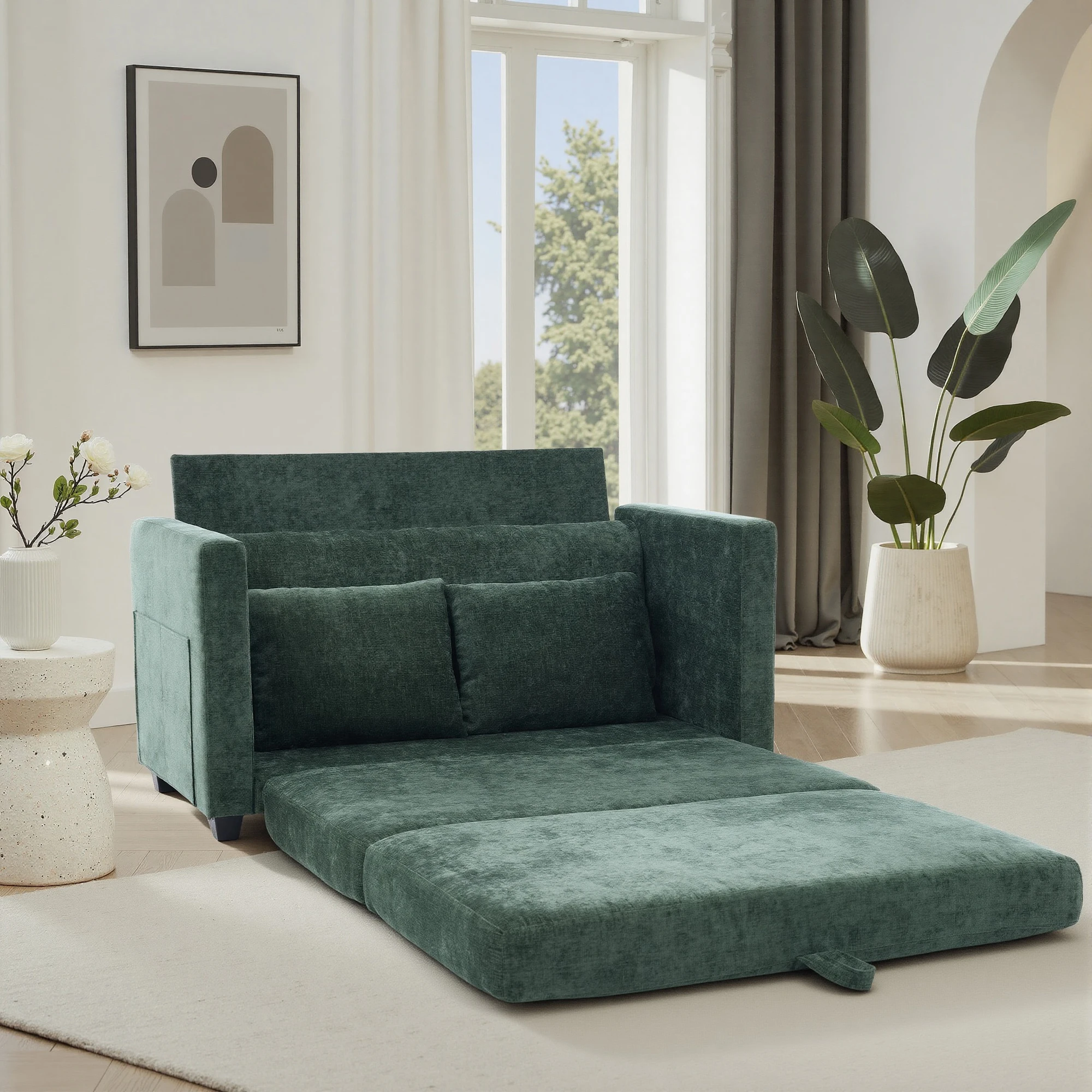 Soft Fabric 2‑in‑1 Pull‑Out Sofa Bed, Loveseat Sleeper Couch with Solid Wood Frame, Vacuum Packed No Assembly Furniture for Home Use