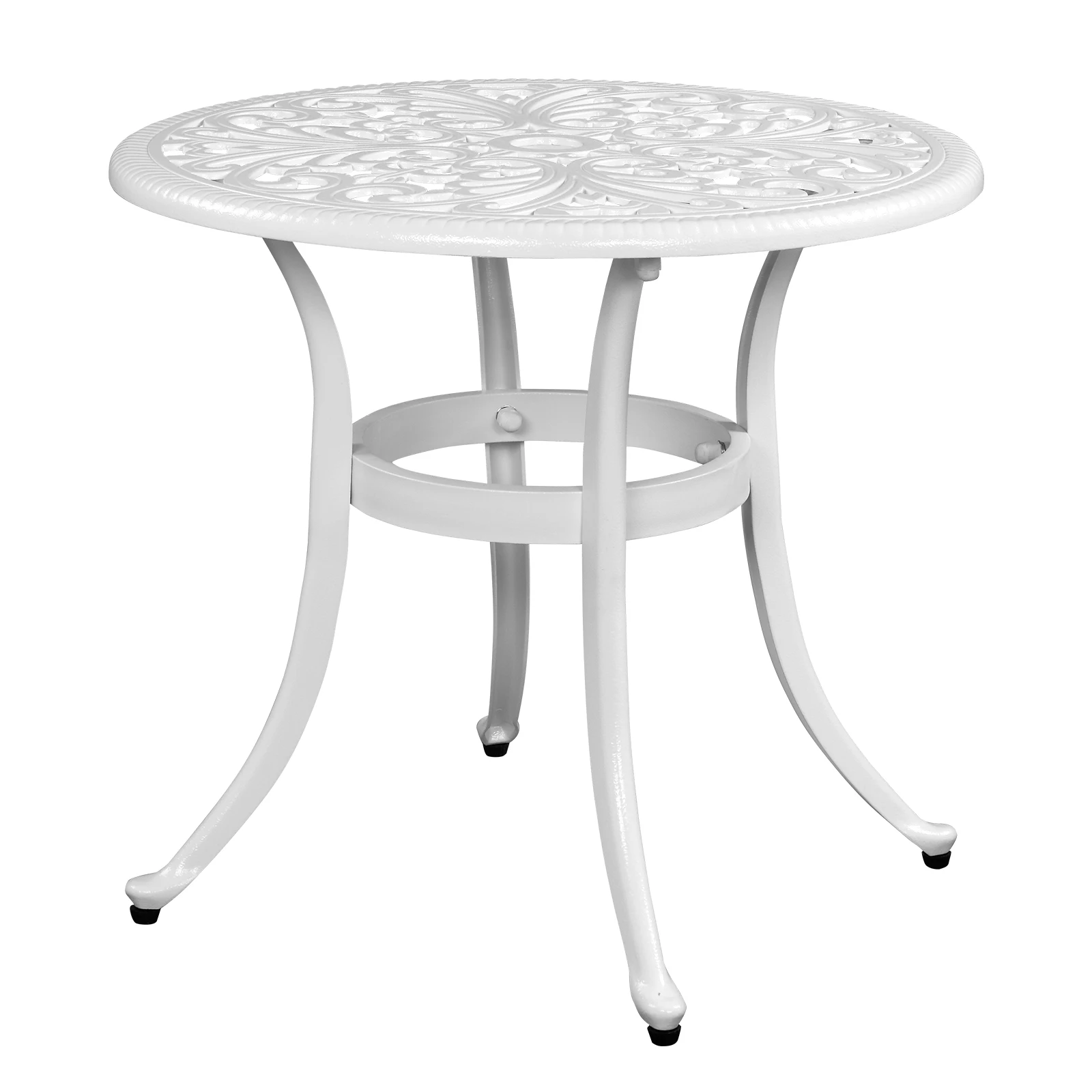 

Phoenix Cast Aluminum Round Table, Patio End Table Side Table, Cast Aluminum Cocktail Table, Outdoor Bar Table, White