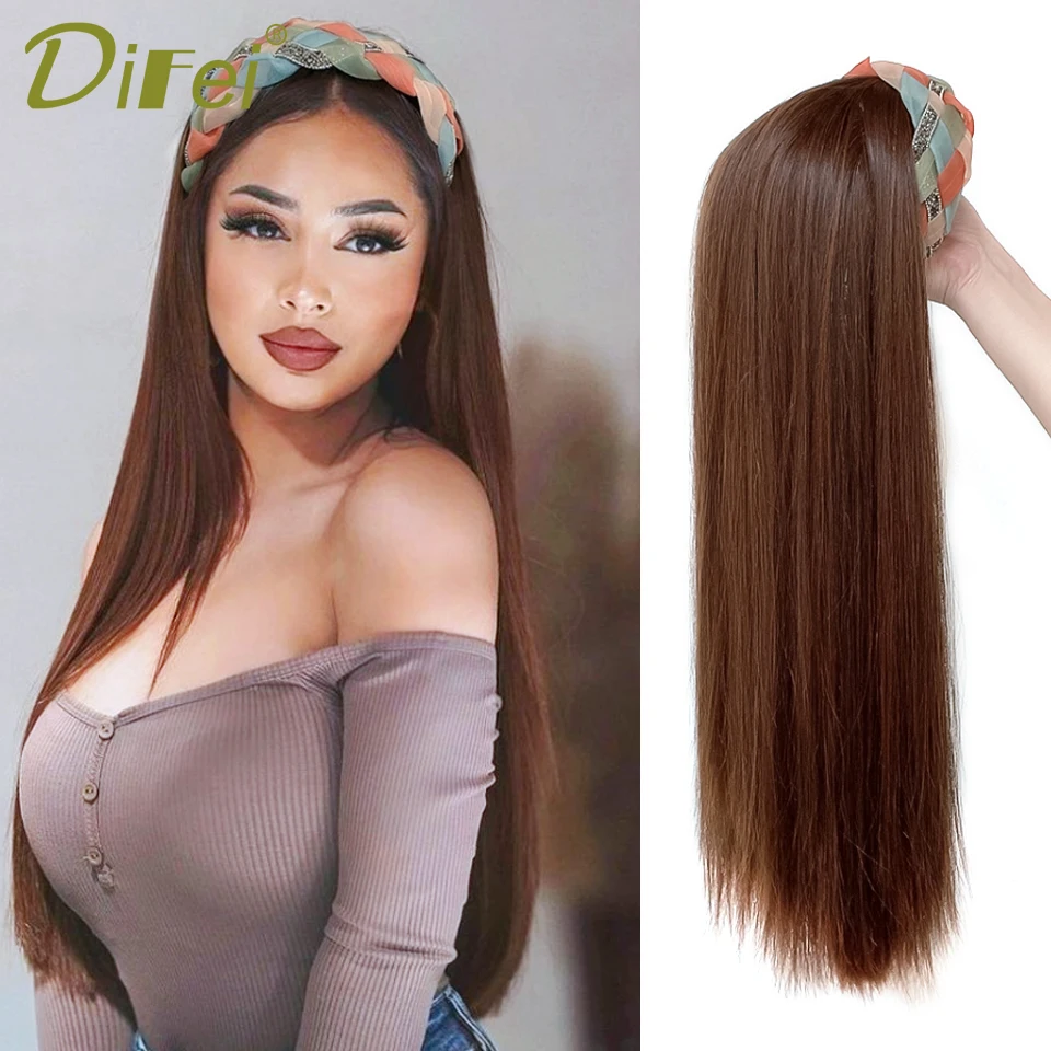 DIFEI Synthetic Headband Wigs Long Straight Natural Brown Black Wig Fit The Head Heat Resistant Fake Hair For White/Black Women