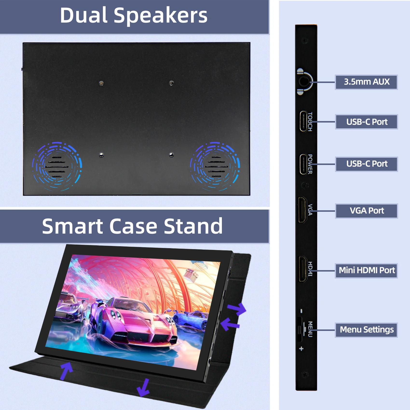 Monitor portatile da 10.1 pollici con doppio altoparlante Monitor HDMI 1280x800 per PC/Laptop/Raspberry Pi/Banana Pi // Console di gioco