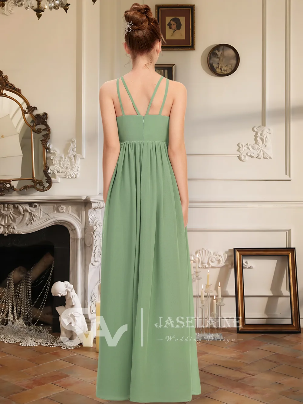 Базилик трапециевидной формы с лямкой на шее длиной до пола, шифоновое платье для подружек невесты с бантом, платье без рукавов с цветочным узором для девочек, торжественное свадебное платье