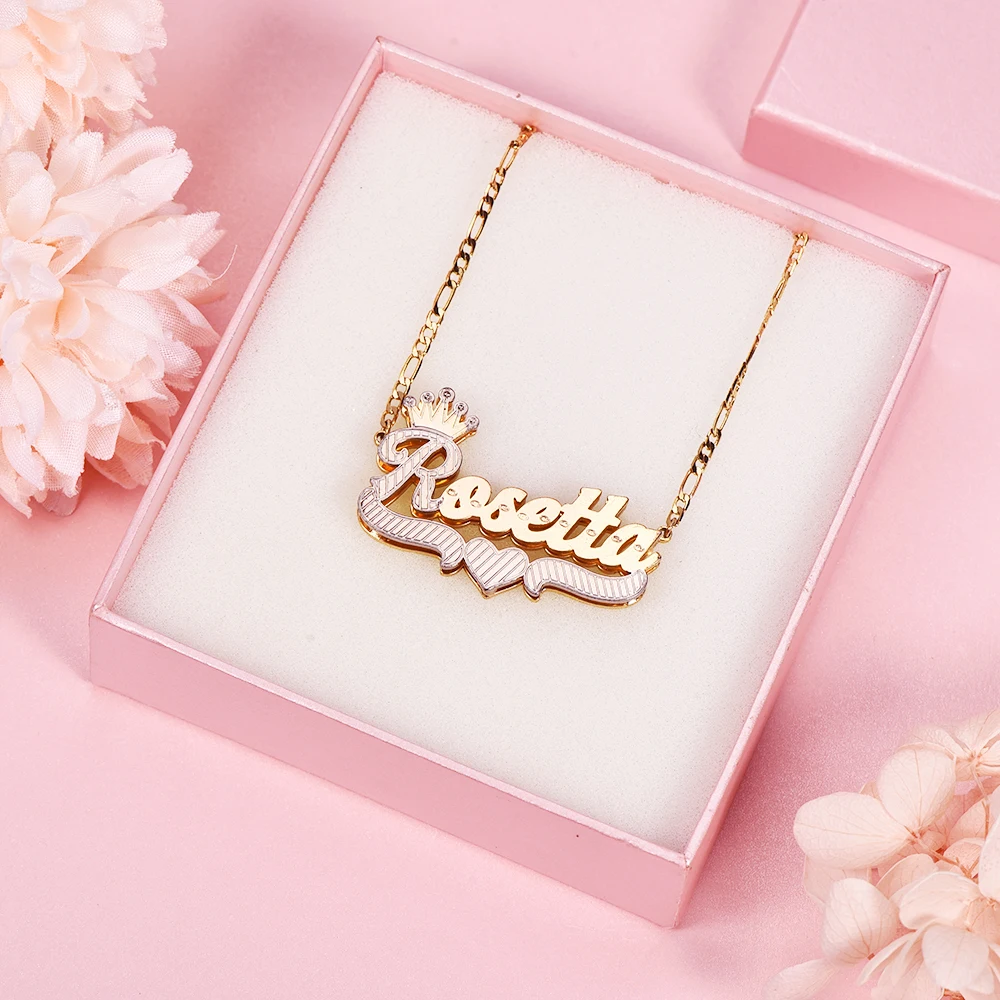 Personalized Crown Name Necklace Two Tone Gold Diamond Heart Pendant Custom Script Name Jewelry Gift for Women crown Christmas