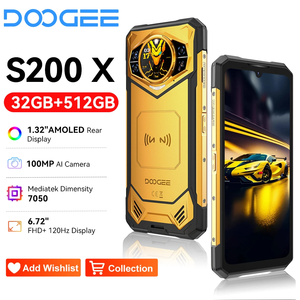 DOOGEE S200 X Rugged Phone 6.72” IPS FHD+120Hz Dimensity 7050 Telephon Portable 32GB+512GB 10100mAh Smartphone 5G Android 14 NFC