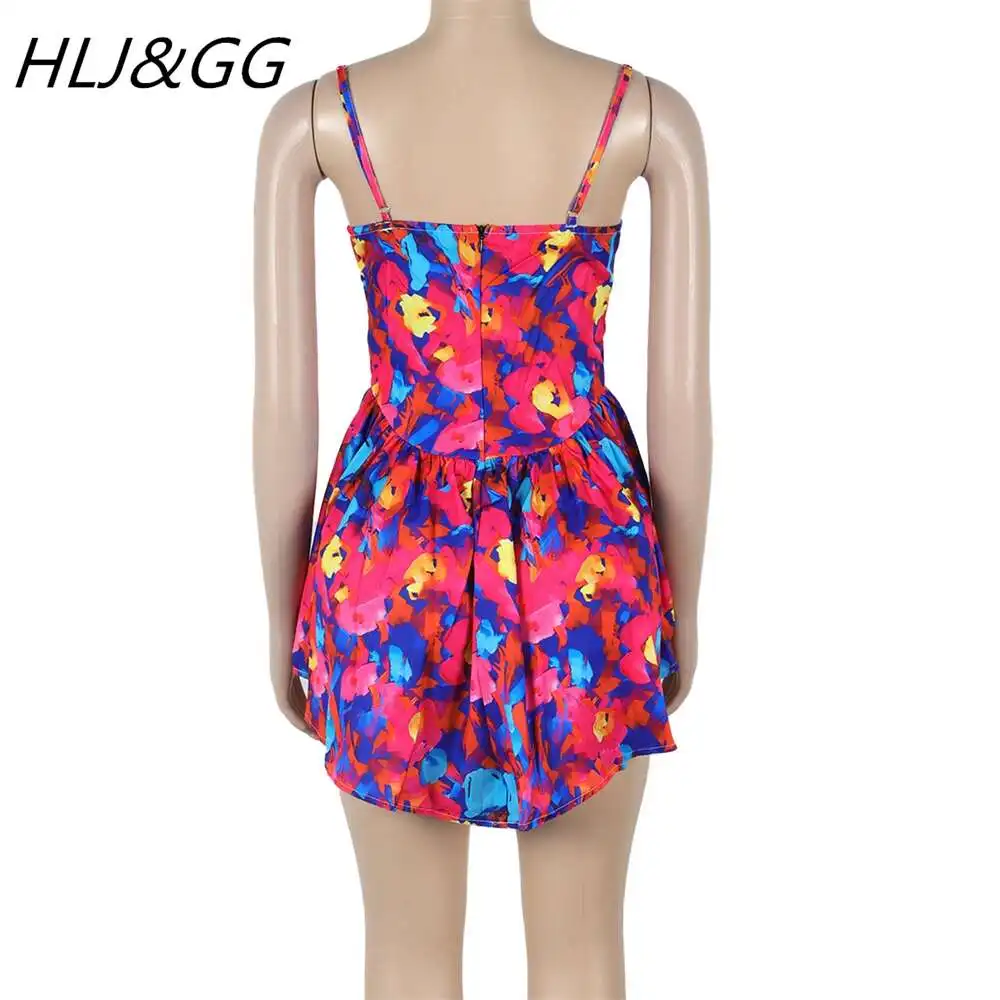 HLJ&GG Summer New Print Bodycon Suspenders Dresses Women V Neck Thin Strap Sleeveless Slim Irregular Vestidos Fashion Streetwear