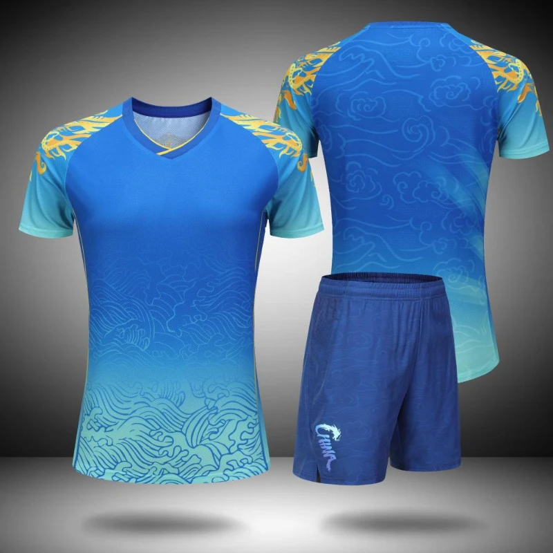 Chemise et short de Tennis de Table bleu de championnat, ensemble de vêtements de Badminton Dragon chinois pour hommes, femmes et enfants, maillot familial de Golf et de ping-pong, 2024