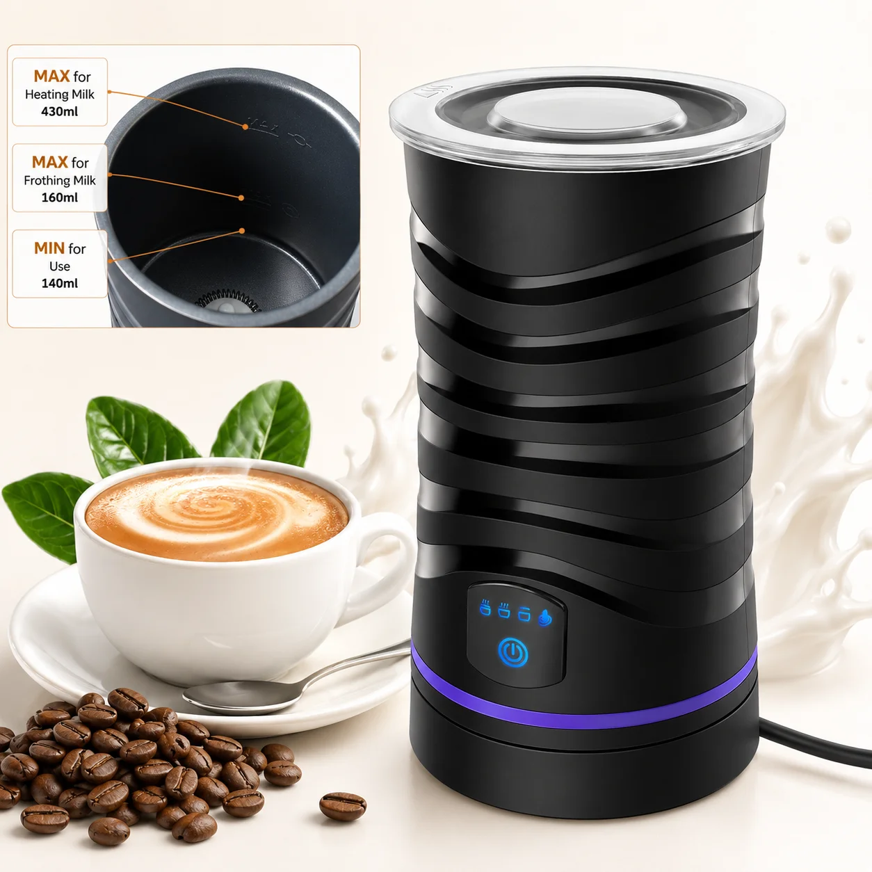 Electric Milk Frother 4-in-1 Automatic Hot Cold Foam Maker 600ML Capacity Magnetic Suspension 304Stainless Steel Quiet Operation
