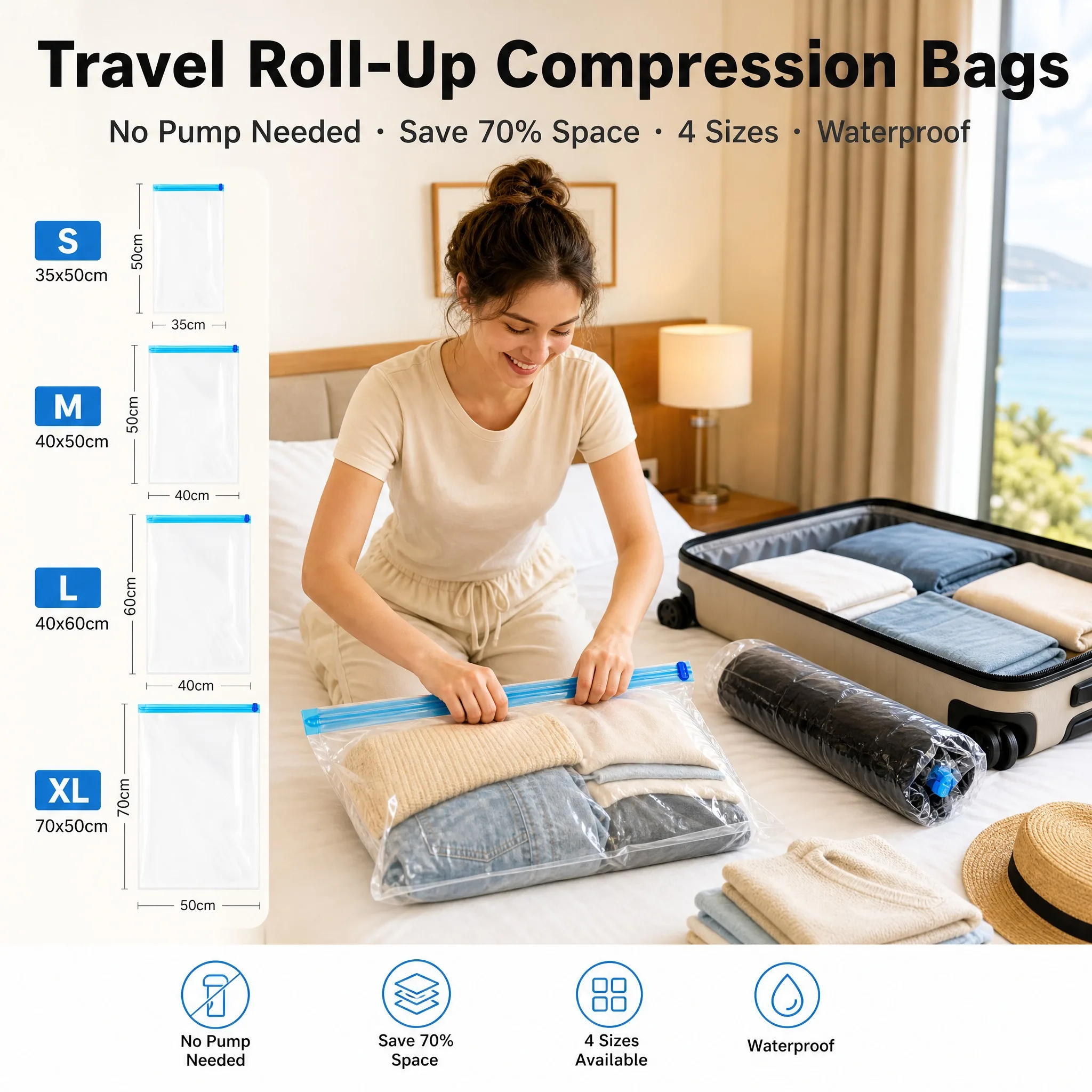 Travel Compression Bags, Roll Up Travel Space Saver Bags for Luggage, Cruise Ship Essentials Cothes, Folding Compressed Bag
