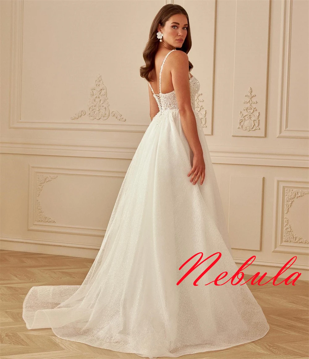 تخصيص أنيقة الأورجانزا مطرزة فستان الزفاف رائعة حمالة السباغيتي الأشرطة أكمام ذيل شابيل أثواب الزفاف