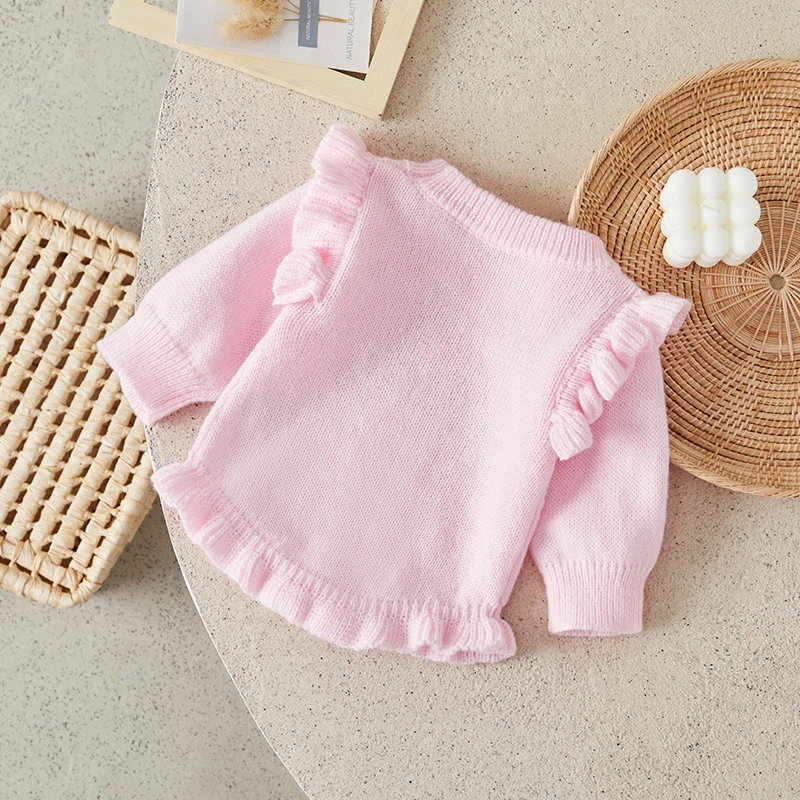 Suefunskry Newborn Baby Girl Knitted Sweater Romper Ruffled Long Sleeve O-Neck Letter Embroidery Solid Color Romper