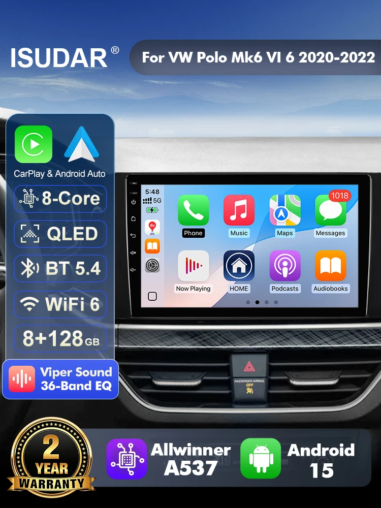 ISUDAR T57 Android 15 Radio For Volkswagen Polo Mk6 VI 2020-2022 Multimedia Player WirelessCarPlay Android Auto Head Unit Camera