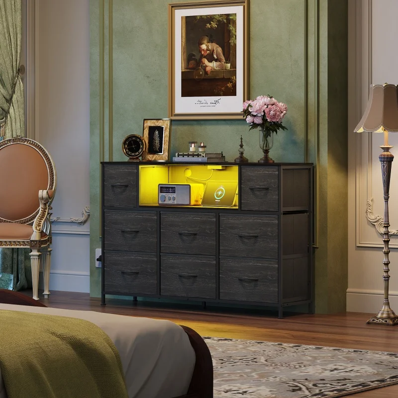 GALAXHERO 8 درج قماش مضمد محطة شحن أضواء LED حامل تلفاز تخزين الصدر رفوف مفتوحة غرفة نوم غرفة المعيشة خزانة