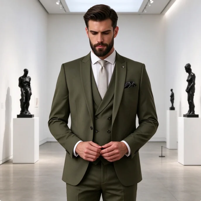 Men Olive Green 3 Piece Suit Shawl Lapel Double Breasted Vest Slim Fit Blazer Pants Set Groom Wedding Tuxedo Formal Business Pro