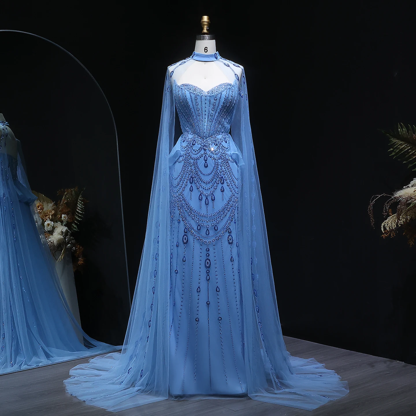 Sharon Said Luxuriöses Dubai Blaues Sweetheart-Abendkleid mit Cape-Ärmeln Arabische Damen Hochzeitsfeier Ballkleider SS092 Maßanfertigung – Detail 5