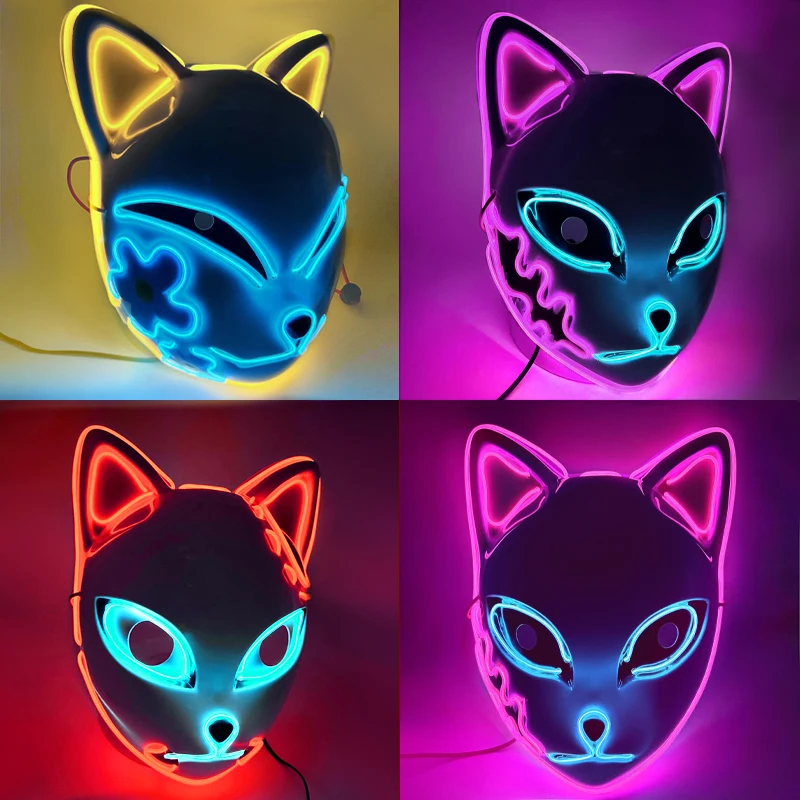 LED Glowing Cat Face Mask Cool Cosplay Neon Demon Slayer Fox Masks per Halloween Birthday Gift Carnival Party Masquerade Decor