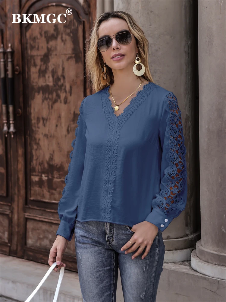 Bkmgc 2022 Herfst Meerdere Effen Kleuren V-hals Lace Chiffon Lange Mouwen Trui Blouse Shirts Voor Vrouwen Office Lady Dailywear