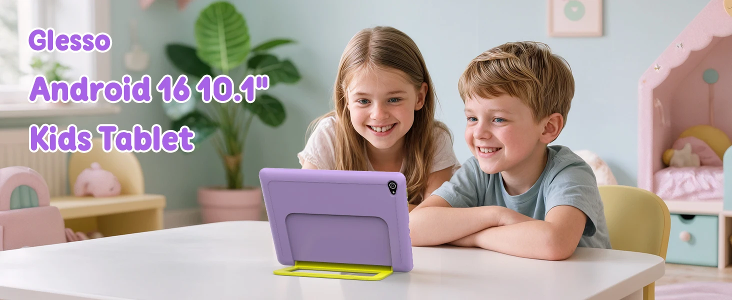 10.1 Inch Kids Tablet 24GB(3+21G) RAM 64GB ROM Android16 GMS Certified A333 Five-Core HD IPS 6000mAh Parental Control With Shockproof Silicone Case Stand Children Learning Tablet PC Purple Blue