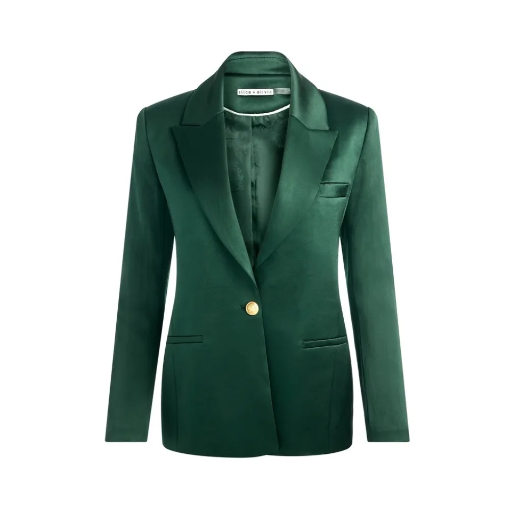 Terno feminino de cetim verde esmeralda – conjunto de blazer e calças com botão único para negócios e eventos formais