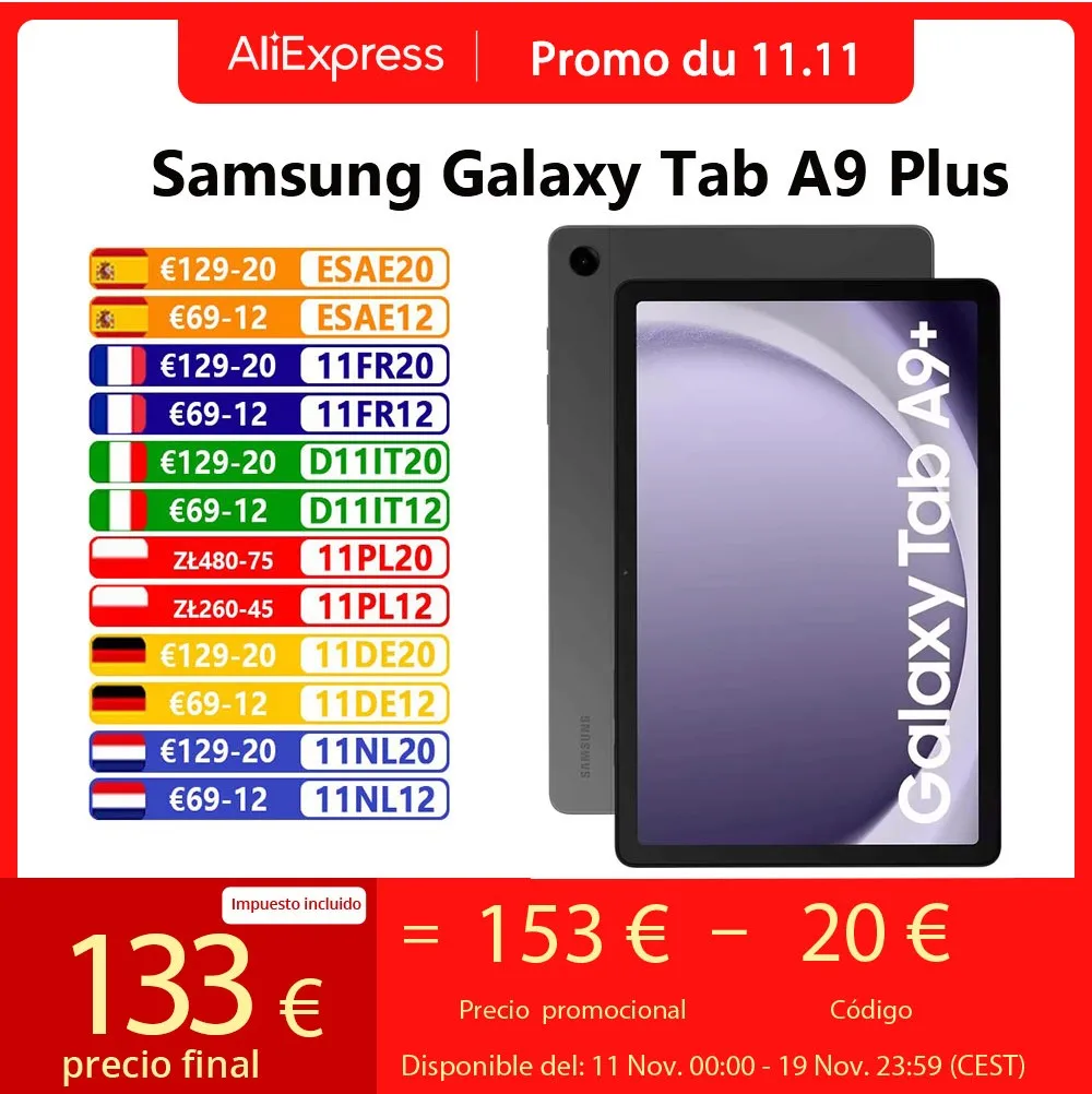 تابلت سامسونج جالاكسي تاب A9+ واي فاي 4 جيجا بايت 64 جيجا بايت 2.2 جيجا هرتز ثماني النواة 11 بوصة TFT 90 هرتز شاشة LCD كاميرا خلفية 8 ميجابكسل بطارية 7040 مللي أمبير في الساعة أندرويد