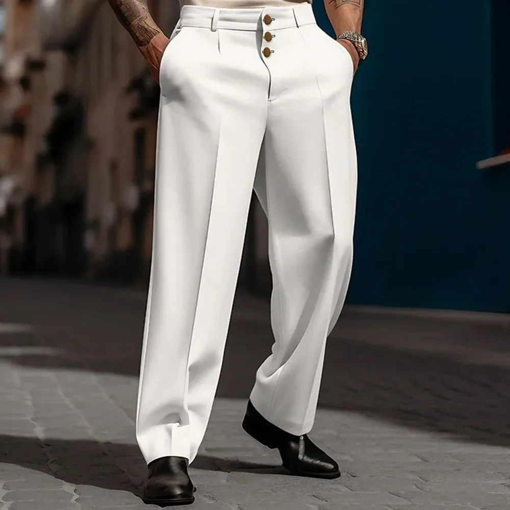Pantalon élégant à jambes larges pour hommes, avec poche sur pied, blanc uni, pantalon de fête formel, grande taille 3xl, mode hommes, Triple boutons, pantalon de costume