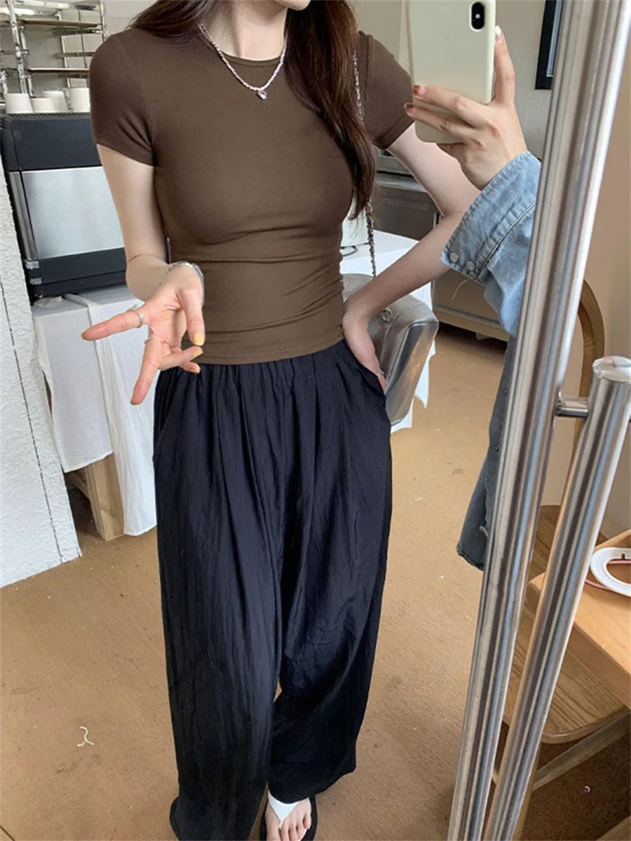 الأساسية الصلبة المحاصيل الأعلى قصيرة الأكمام Crewneck نحيل تي شيرت الصيف عارضة المحملة للنساء y2k خمر الأعلى Harajuku الشارع الشهير