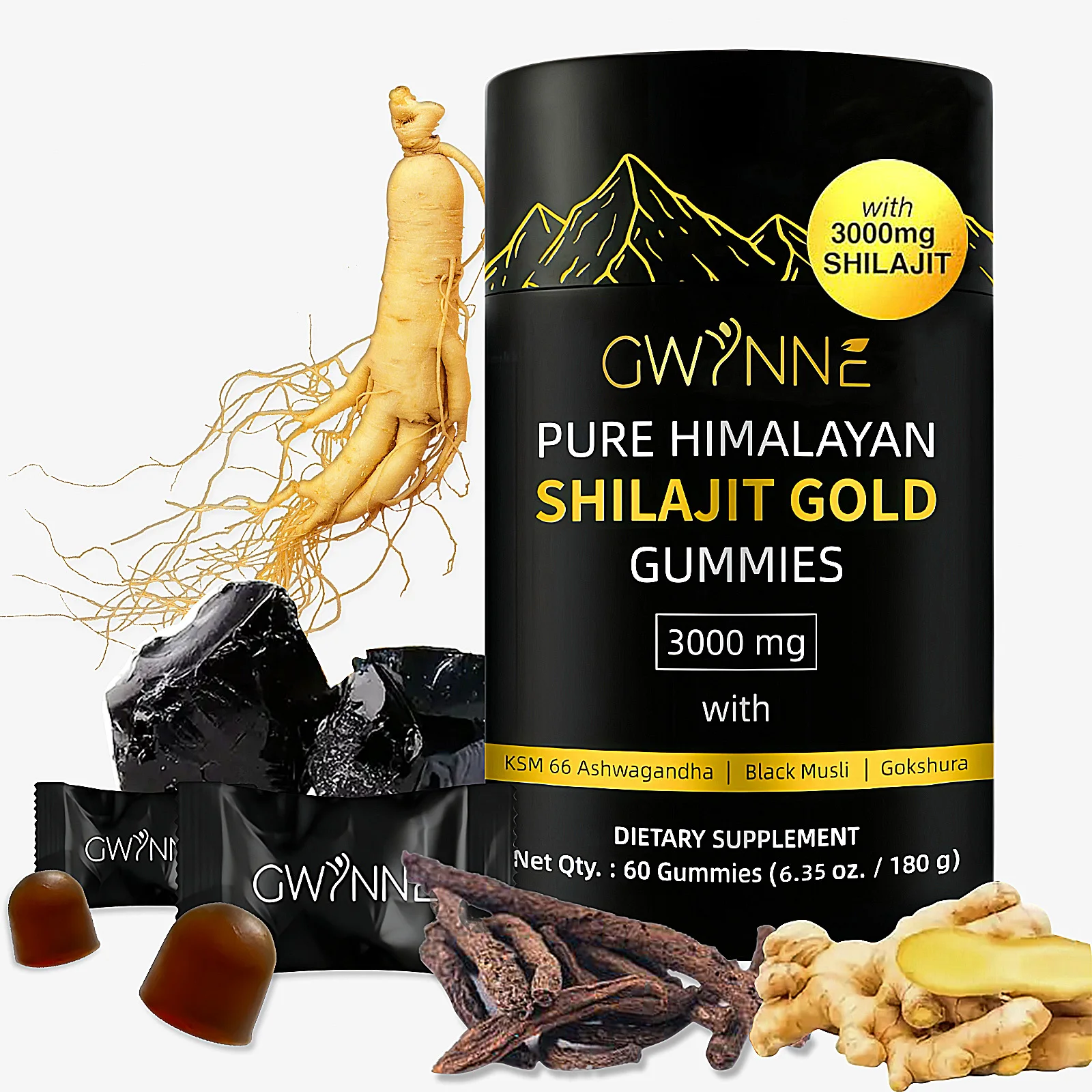 Gwynne Gomitas de Shilajit del Himalaya 3000mg Con Ácido Fúlvico +85 Minerales Sin Azúcar Añadido Para Hombres y Mujeres 60 Gomitas No OGM