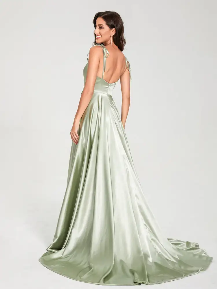 Women Spaghetti Strapss Satin Prom Dresses With Split Side backless Long Party Dresses with Pockets Elegant Formal Gowns