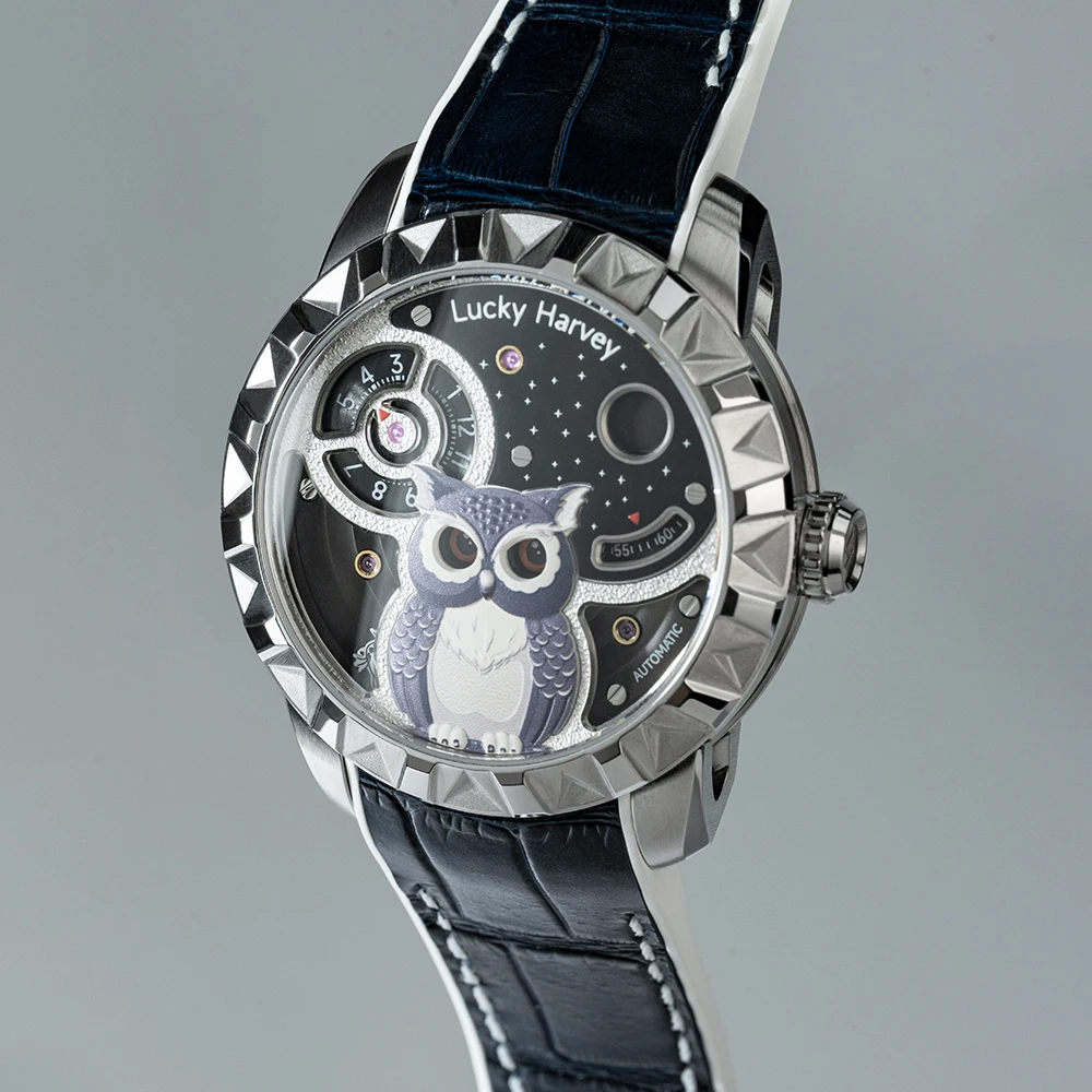 Lucky Harvey Automaton Eyes Owl Dial Watches For Man Automatic Mechanical Super Luminous Sapphire Mirror Men Watches Luxury