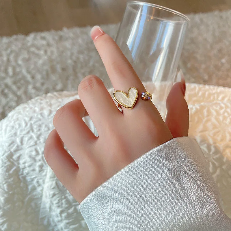 Korean Fashion Shell Love Heart Zircon Rings for Women Exquisite Pearl Flower Open Finger Ring Girls Minimalist Unusual Jewelry