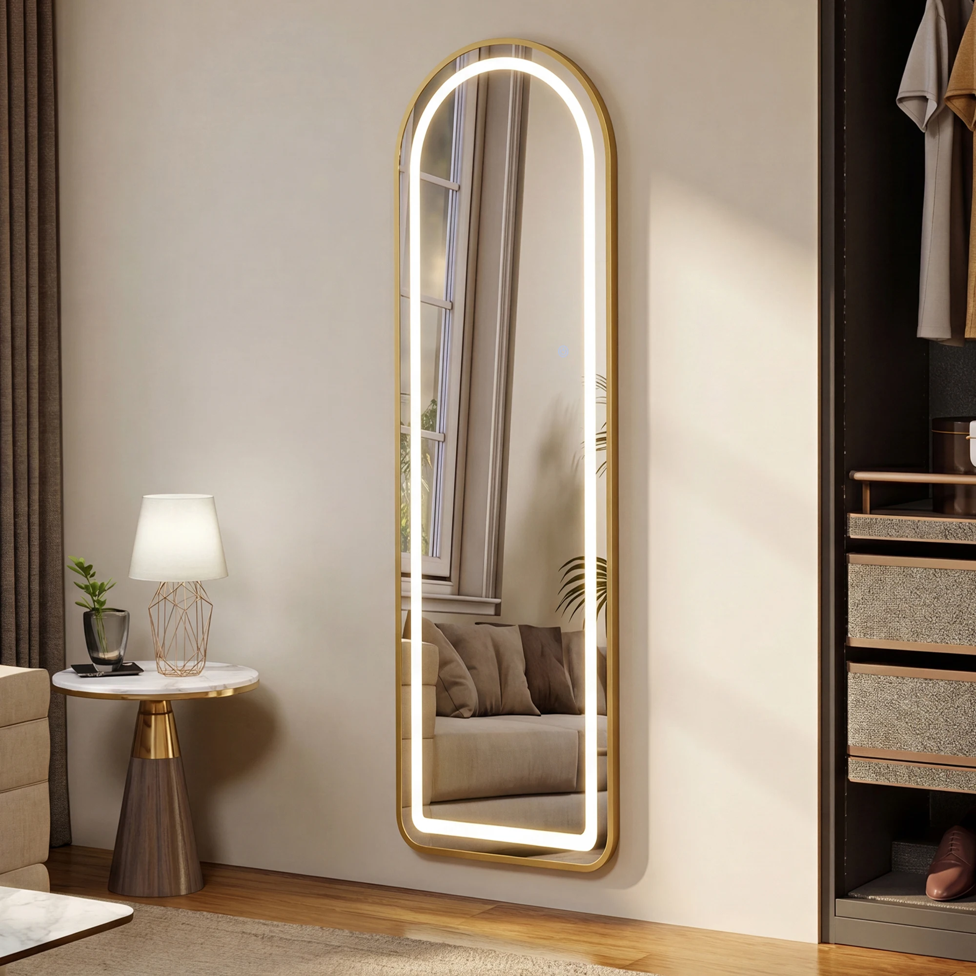 Specchio a figura intera ad arco Simurq, 150 x 40 cm, con cornice in metallo dorato, specchio da terra, specchio a figura intera in vetro temperato da parete, ideale per camera da letto o guardaroba.