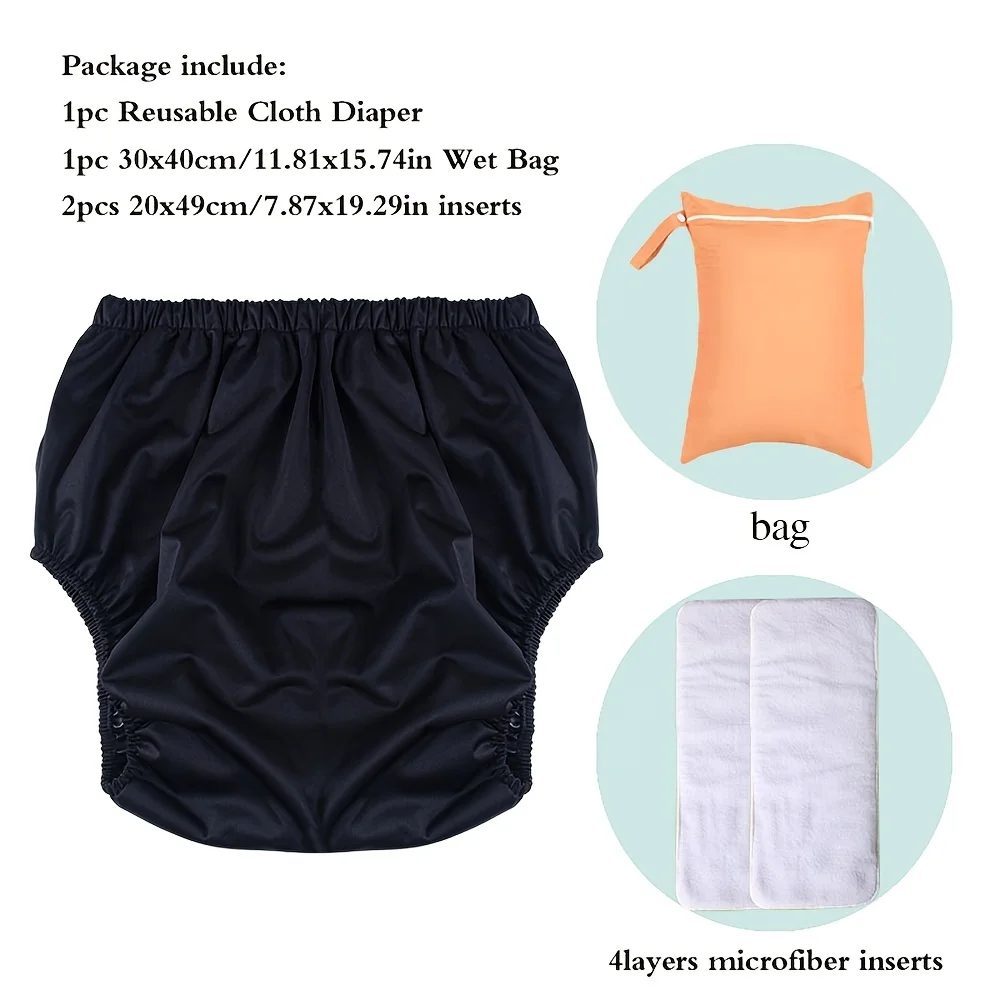 AIO Conjunto de pantalones unisex reutilizables a prueba de fugas para adultos, 4 piezas, 1 pantalón + 2 almohadillas de microfibra + 1 bolsa de almacenamiento, lavable, cómodo