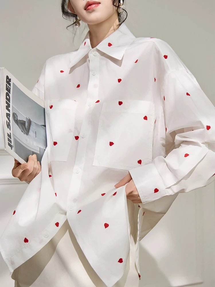 Women White Heart Embroidery Shirt Loose Fit Blouse Casual Turn Down Collar Long Sleeve Pocket Top French Romantic Style